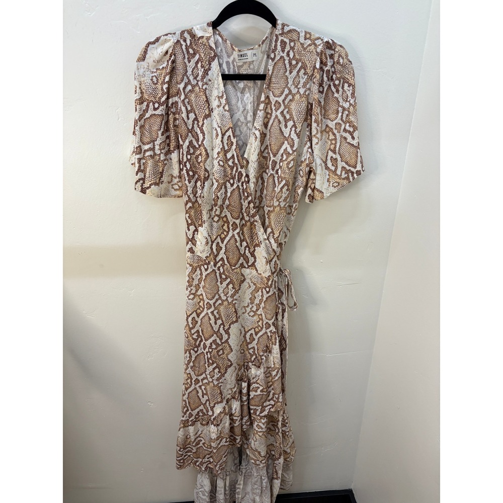 Tinsel PL Snakeskin Print Wrap Dress Brown Cream Rayon Maxi Ruffle Petite Large